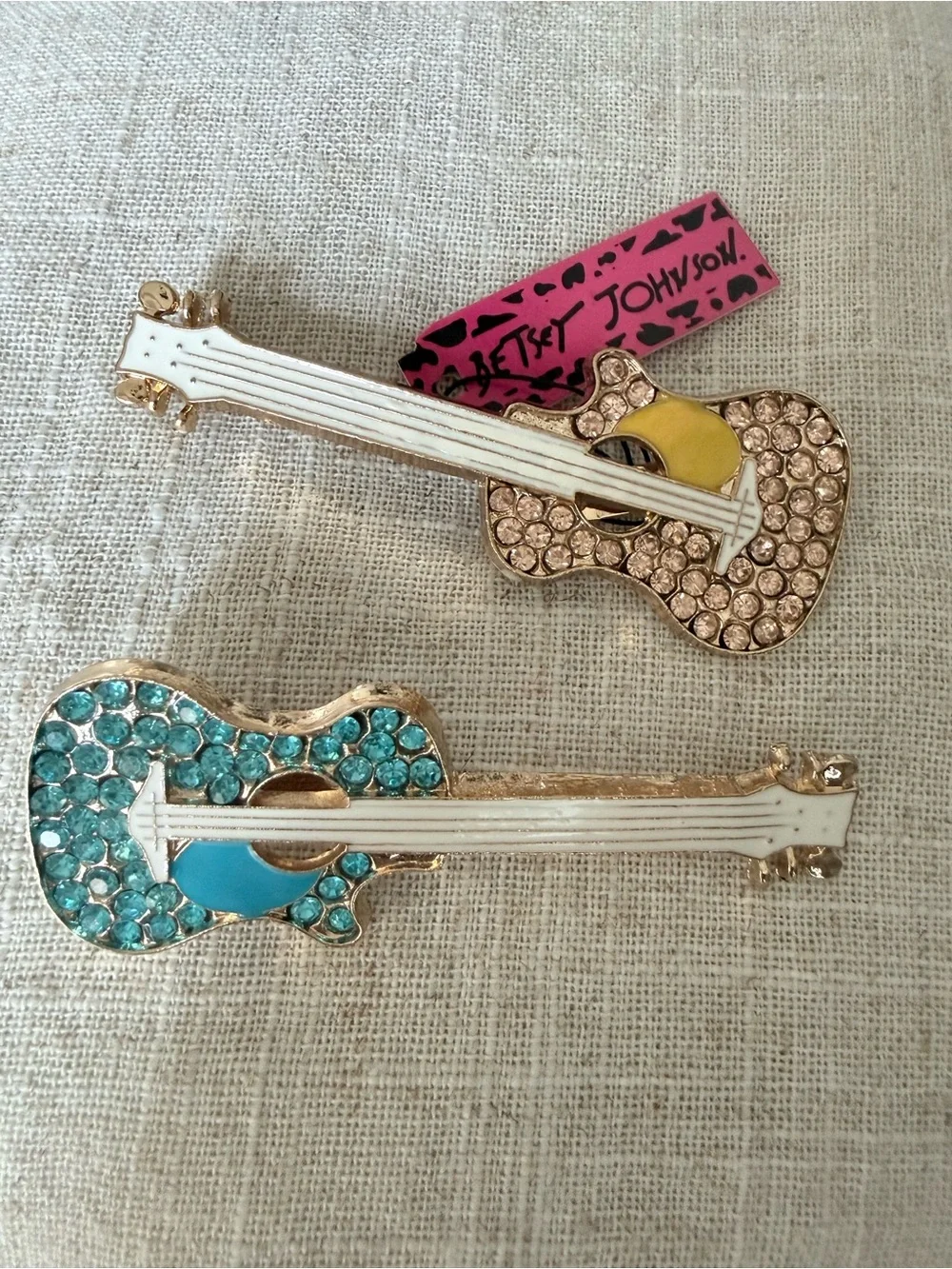 Betsey Johnson Rhinestone Guitar Brooch(or) Pendant Set of 2